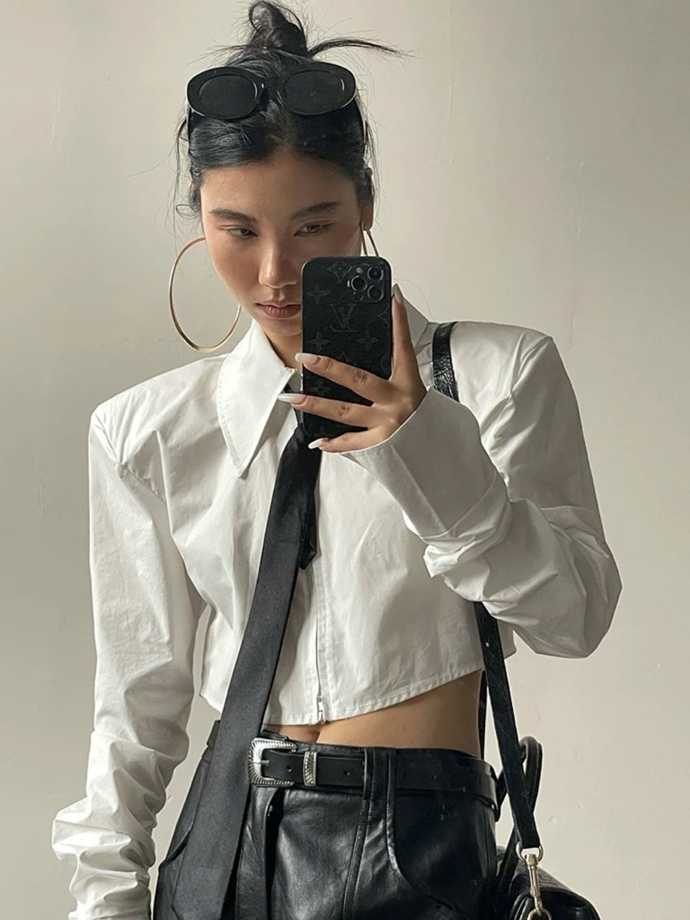 Shoulder pad Design Zip-Up Shirt Cropped Top